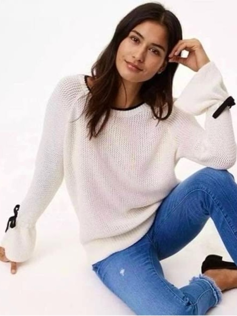 Loft Charming Cotton Pullover Sweater With Bow Cuff Detail Women’s Size S NWT!